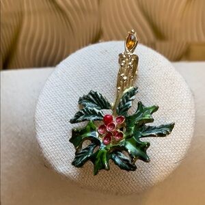 Vintage Signed BJ Green and Gold Holly Leaf Brooch
